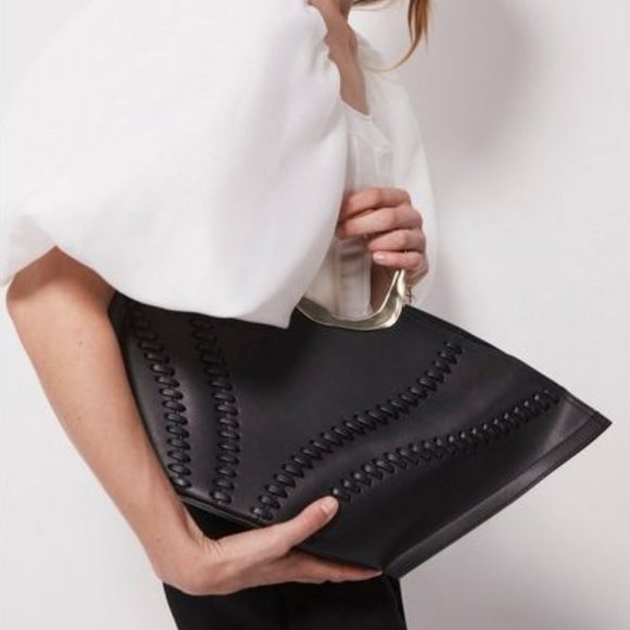 AJE Whipstitch Remi Black Large Leather Tote Gold Sculptural Handles PRICE DROP - Picture 2 of 10